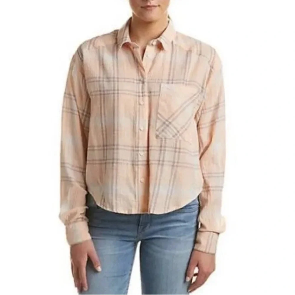 FREE  People Peach purple white Cropped Boxy Fit Wide Sleeve Flannel Shirt S